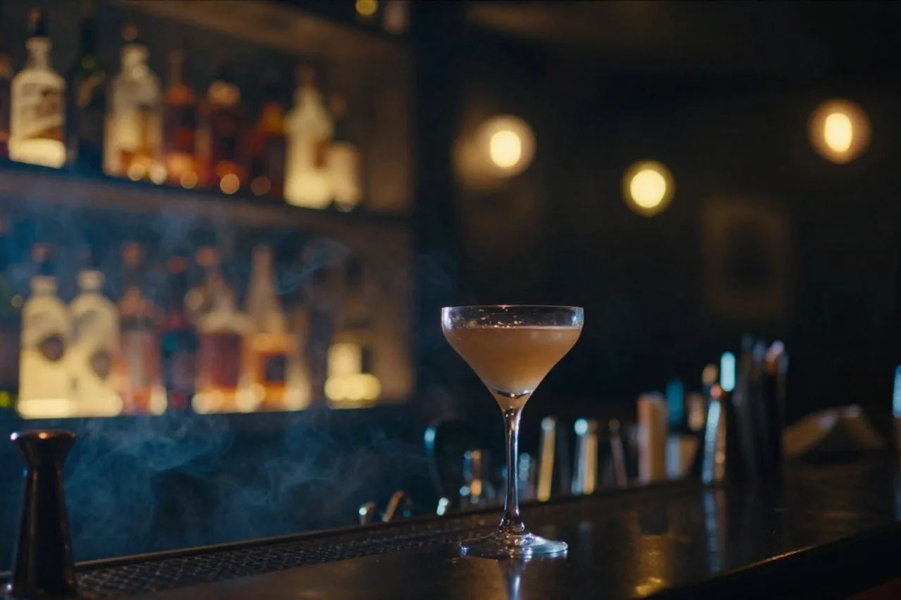Intérieur du bar NOCTUA baigné d'une lumière ambrée, fumée légère, étagères de bouteilles