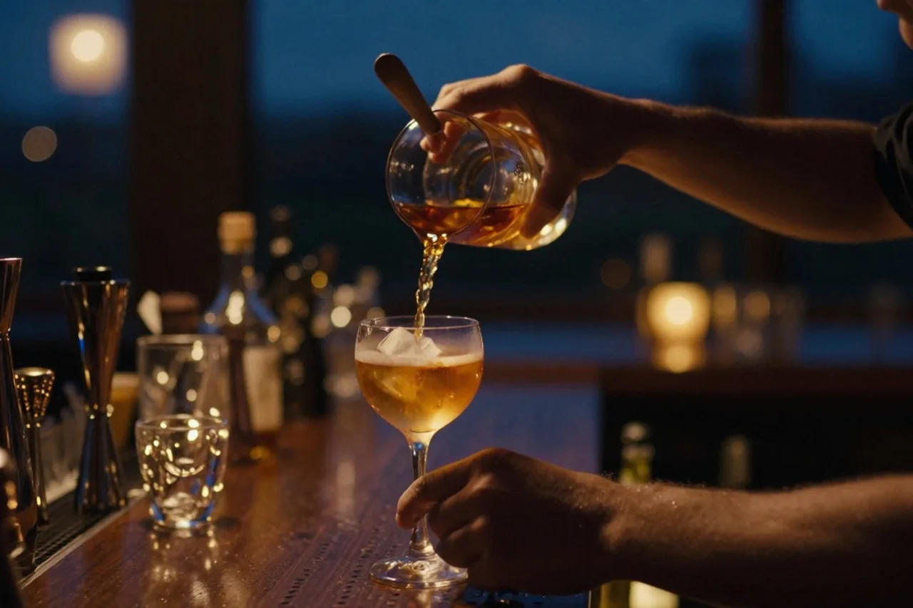 Mains d'un bartendeur versant un cocktail ambré avec précision dans un verre