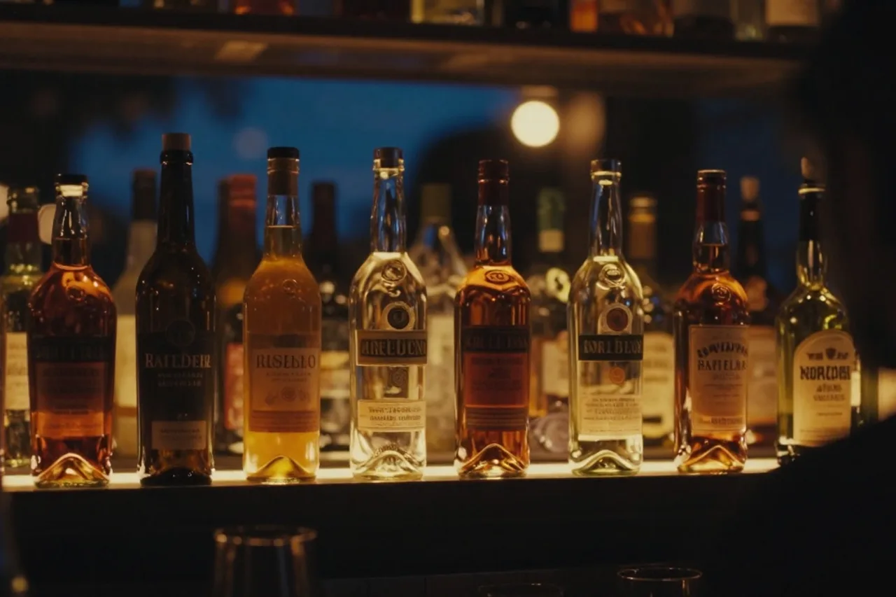 Étagère de bouteilles d'alcool rétroéclairées d'une lueur ambrée