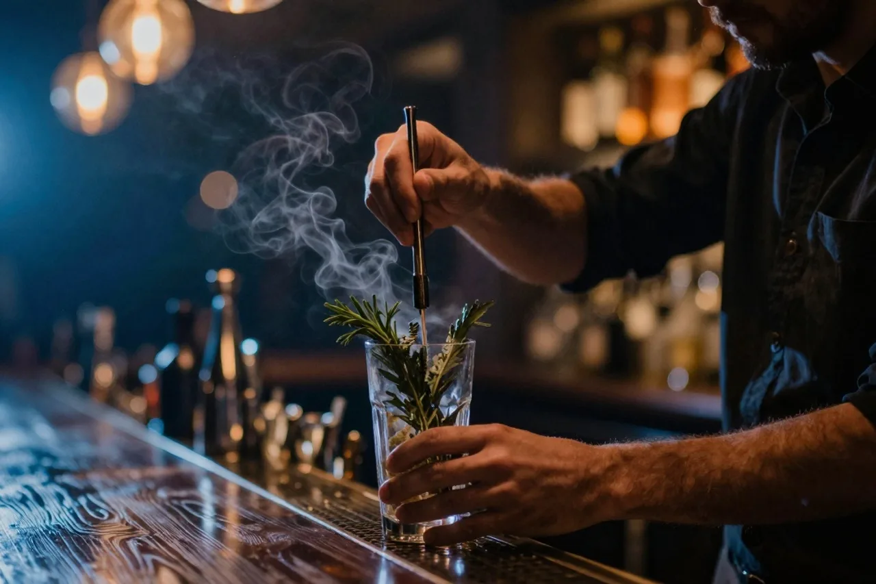Bartendeur pilant des herbes fraîches dans un verre à mélange