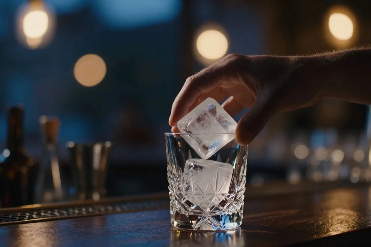 Main déposant un glaçon taillé dans un verre en cristal