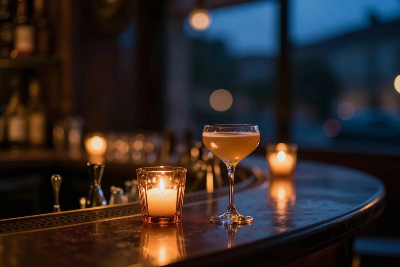 Bougie et détails de verre ambré sur comptoir sombre