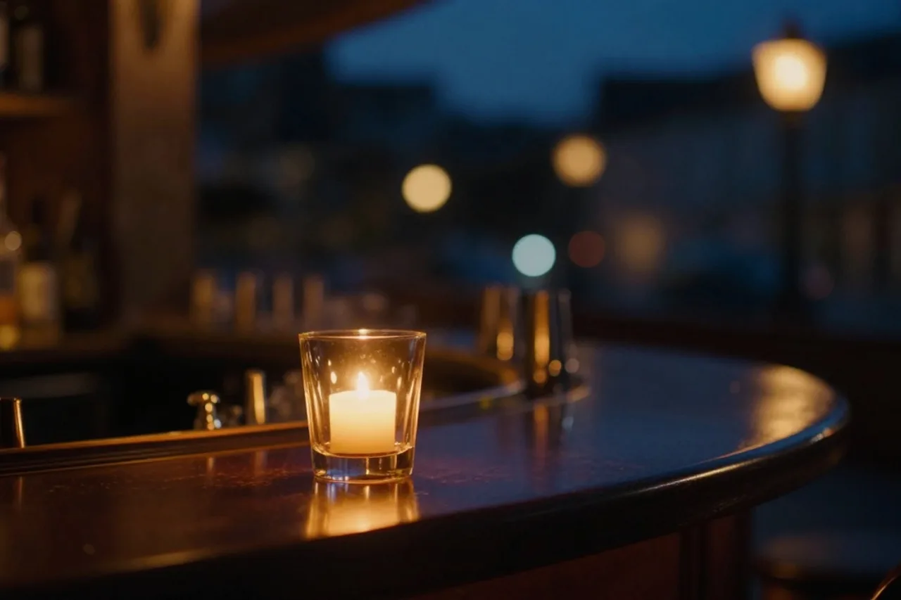 Comptoir du bar NOCTUA la nuit, lueur ambrée unique, verre vide